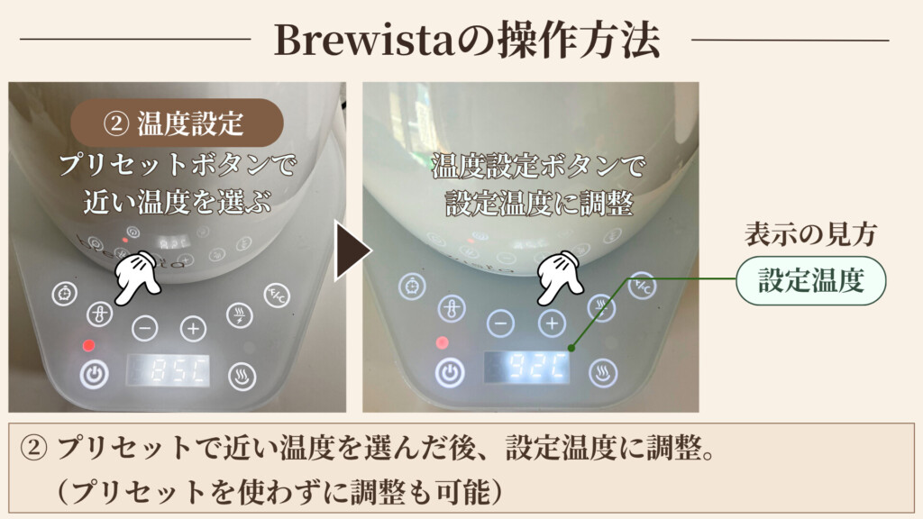 Brewista 操作方法2 プリセットから設定温度への調整