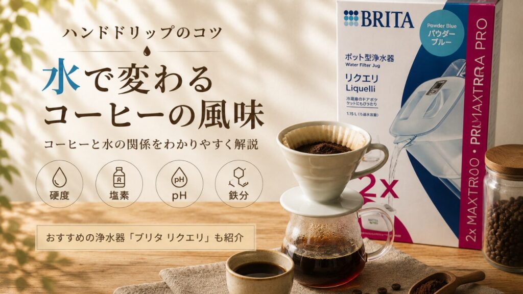ハンドドリップで淹れたコーヒーとブリタ「リクエリ」のパッケージ