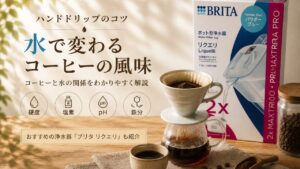 ハンドドリップで淹れたコーヒーとブリタ「リクエリ」のパッケージ