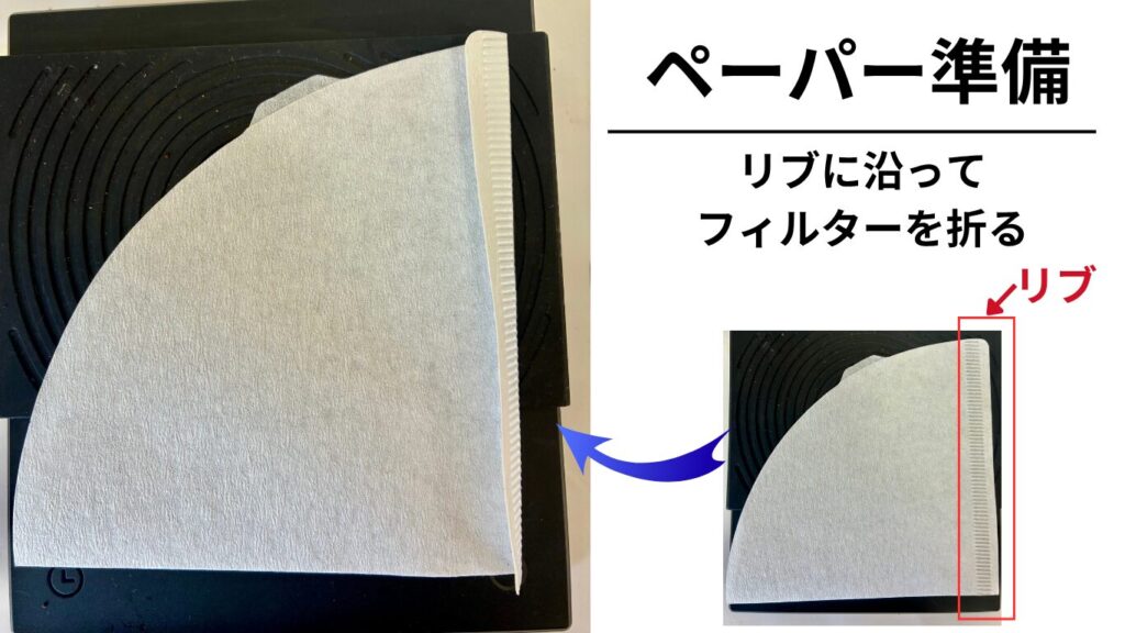 V60-02 専用ペーパーフィルターをリブに沿って折る様子