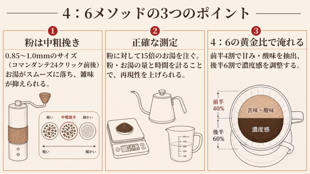 4:6メソッドを成功させる3つのポイント(挽き目やや粗め・正確な計量・4対6の比率)の図解