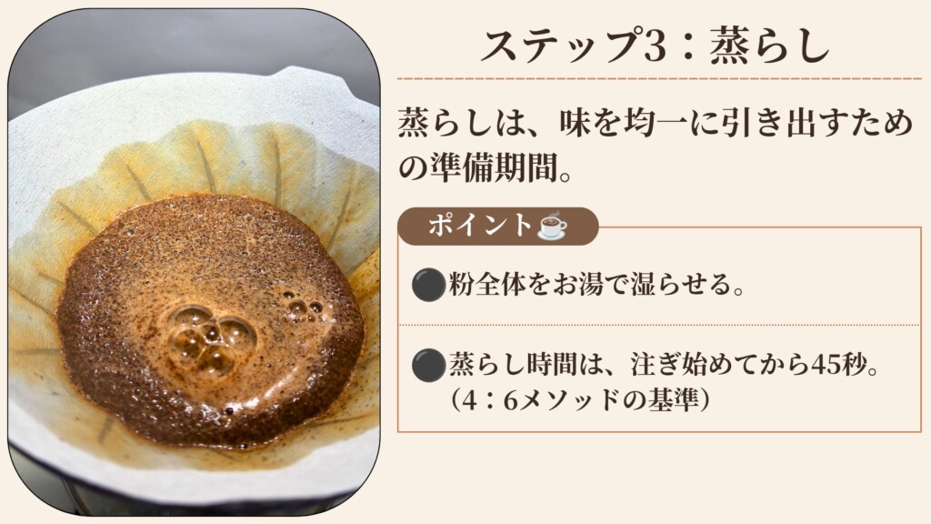 4:6メソッド実践ステップ3 蒸らし(粉全体をお湯で湿らせて待つ)
