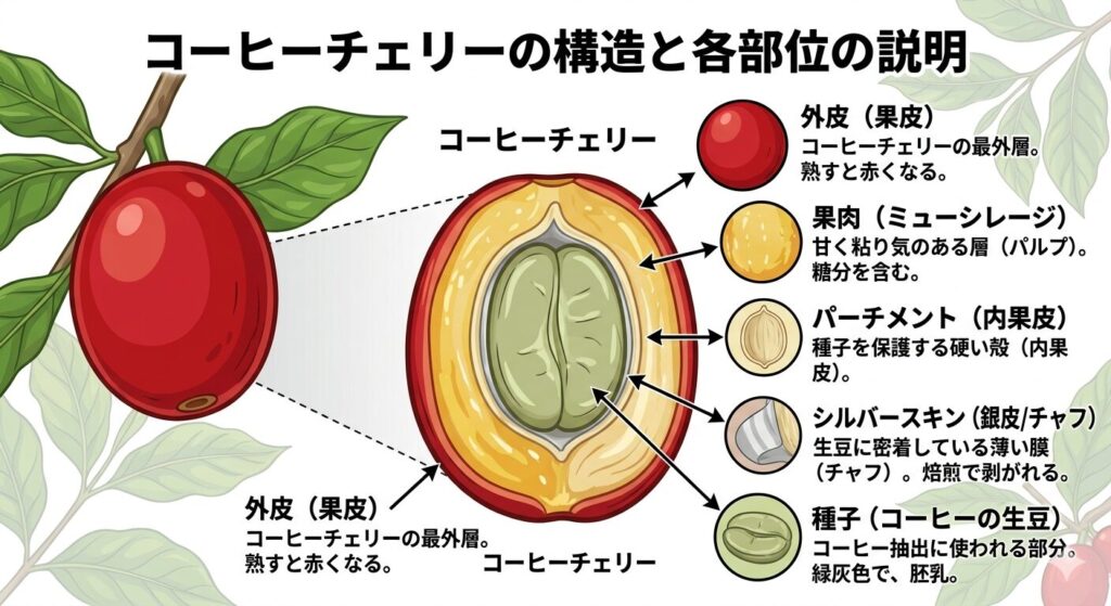 コーヒーチェリーの断面構造とシルバースキン(チャフ)の位置を示した図解