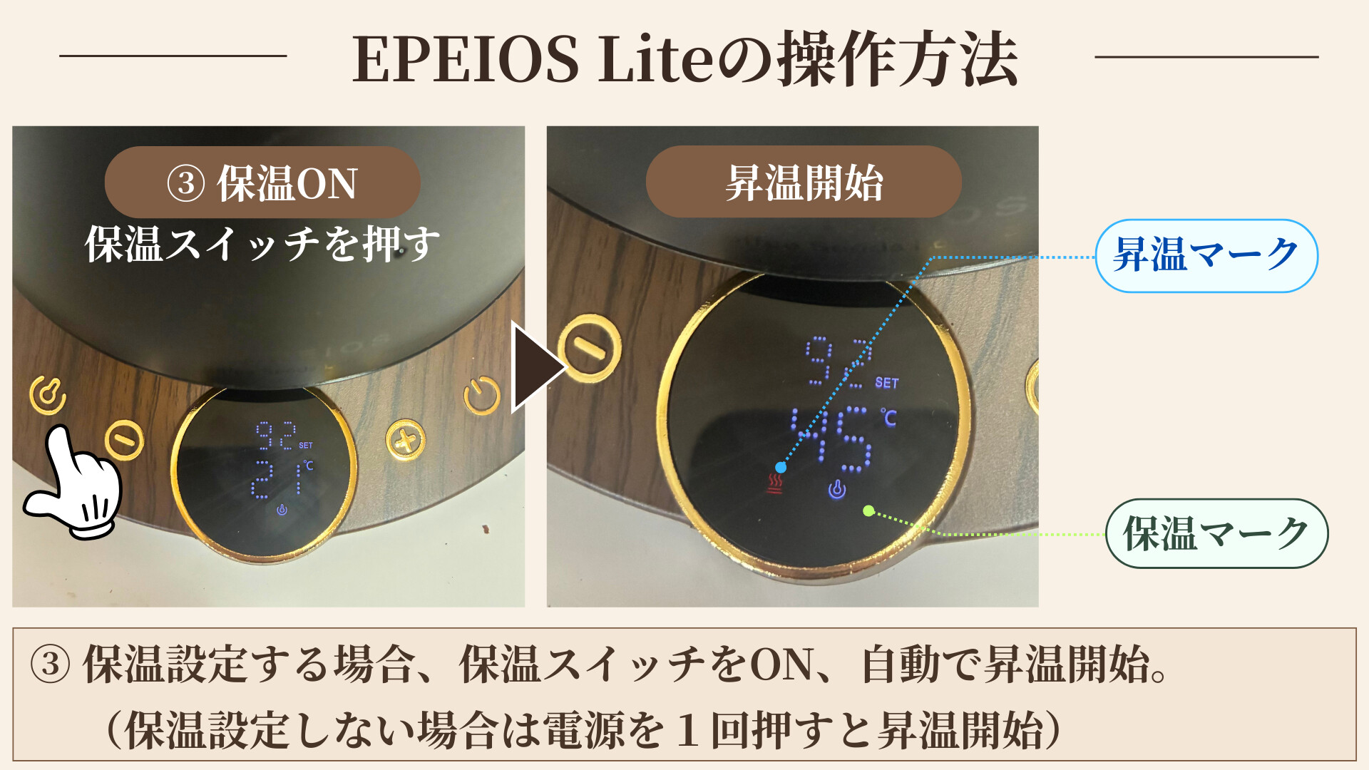 EPEIOS Liteの操作方法2 保温スイッチONと昇温マーク・保温マーク表示
