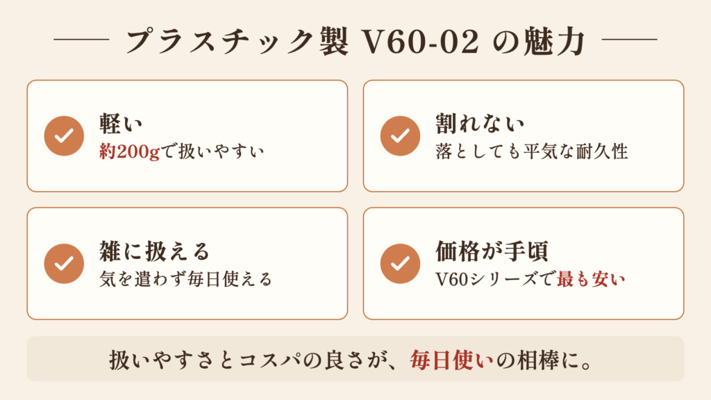 プラスチック製 V60-02 のメリットをまとめた図解（軽い・割れない・雑に扱える・手頃な価格）