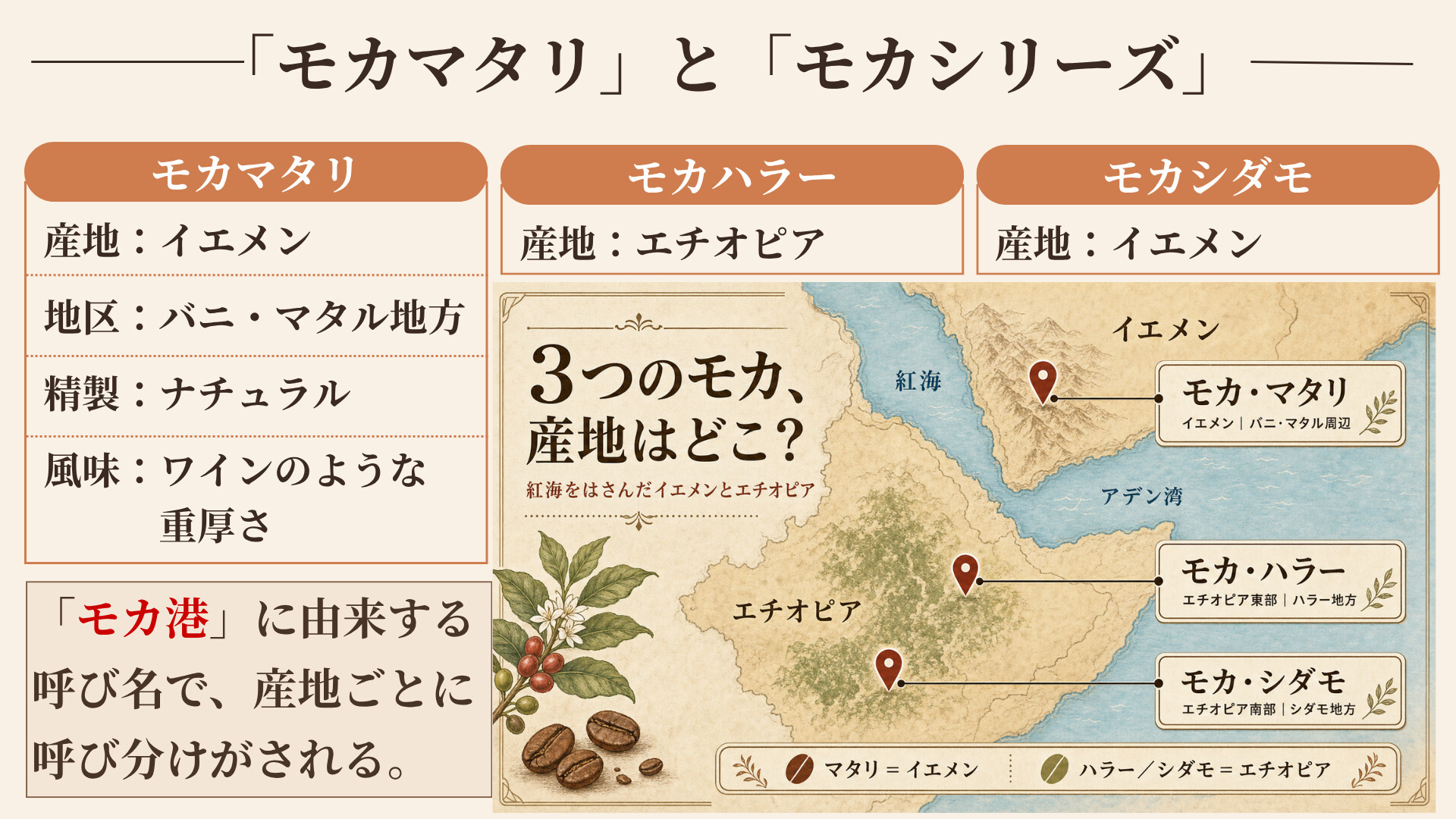 モカマタリ・モカハラー・モカシダモの産地を示すイエメンとエチオピアの地図