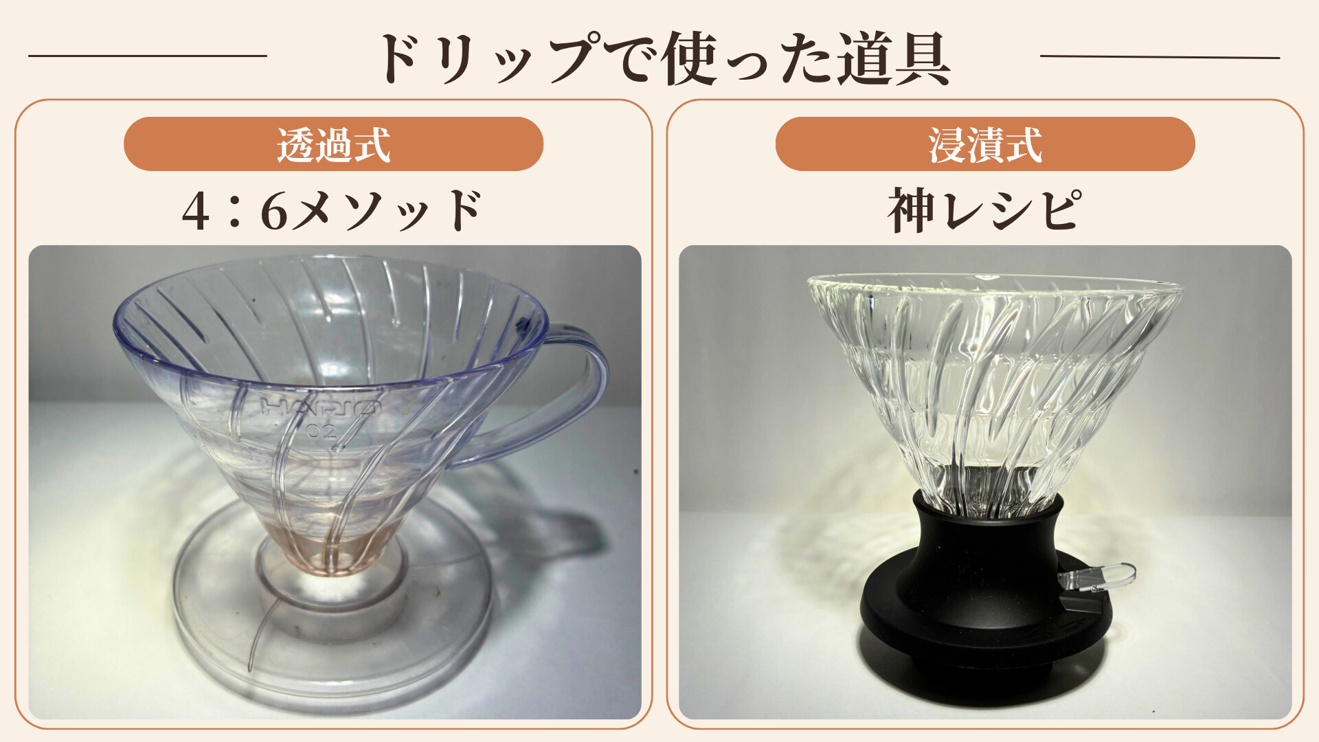 4:6メソッドで使ったHARIO V60と浸漬式で使ったHARIOスイッチのドリッパー比較