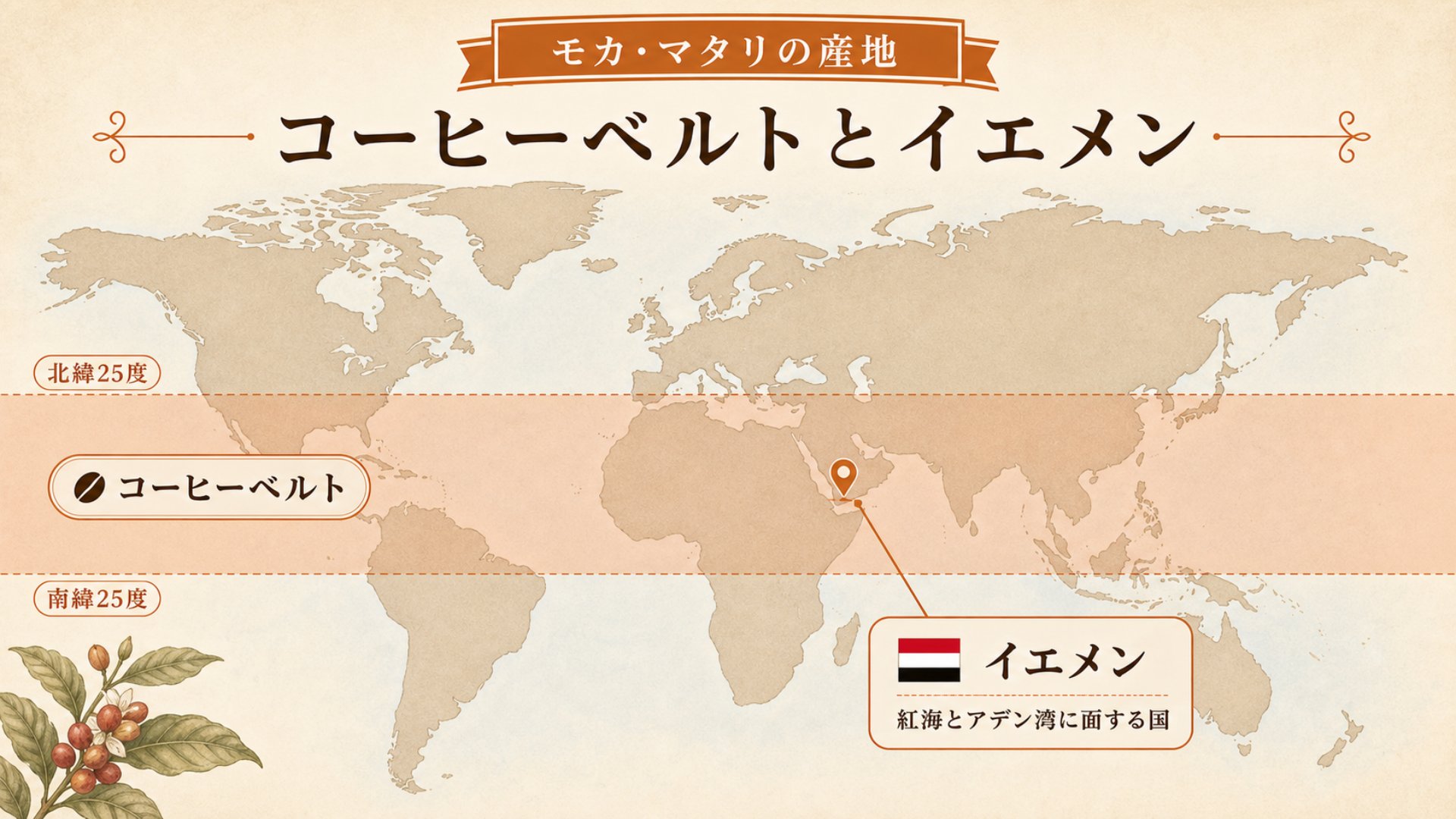 コーヒーベルトとイエメンの位置を示す世界地図(モカマタリの産地)
