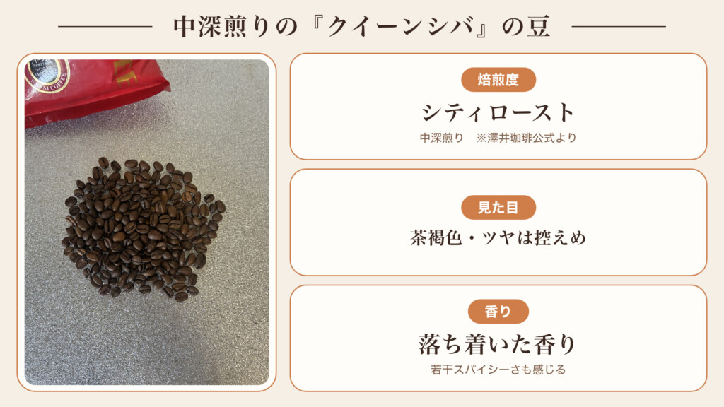 中深煎り シティローストのクイーンシバの豆 茶褐色でツヤ控えめの色味